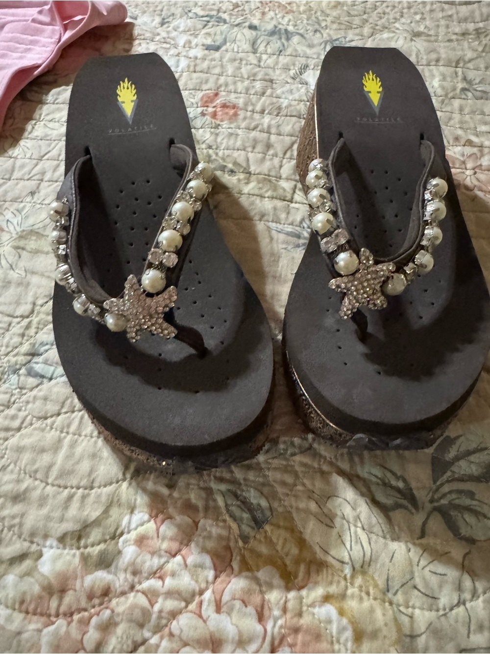 Volatile Black Wedge Sandals with Pearl and Star Crystal Accents